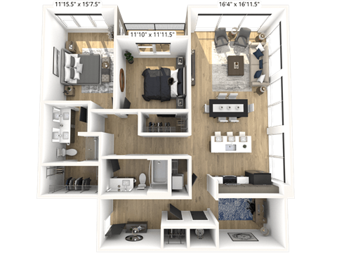 Floor plan for 2 beds, 2 baths, 1399 sqft